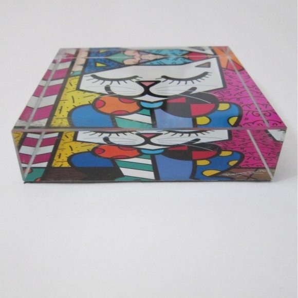 Britto Happy Cat Paperweight Remero Abstract Art Square Glass -Flaws- - Picture 4 of 7